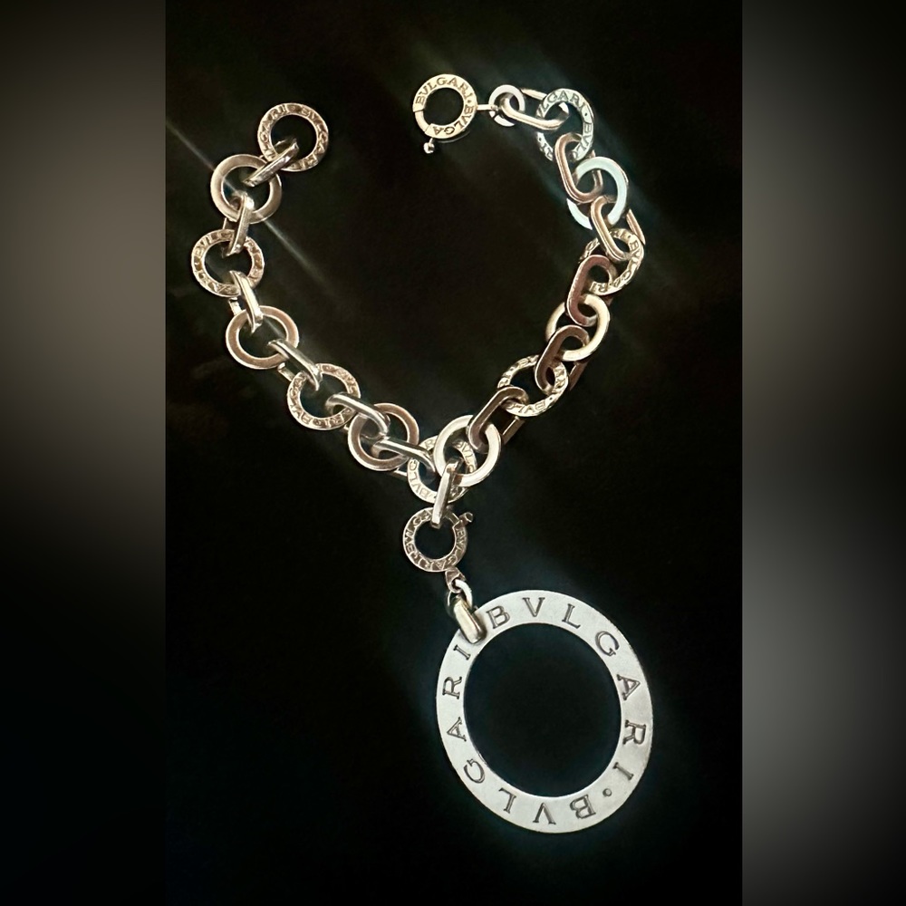 BVLGARI logo Link Bracelet with ring charm in Sterling Silver